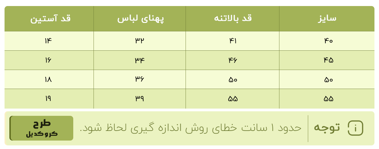 جدول سایزبندی