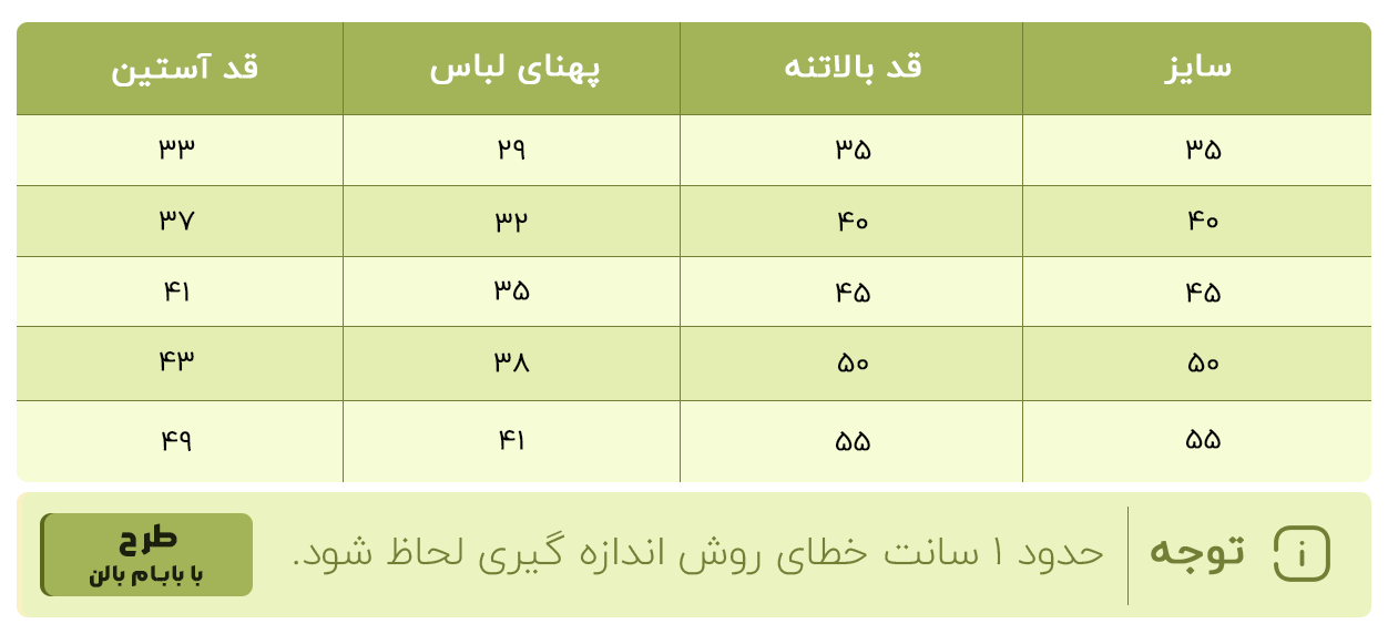 جدول سایزبندی